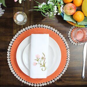 NEW Set of 4-Premium Placemats-Seashell-Trimmed Rattan-Orange-Eco Handcraft